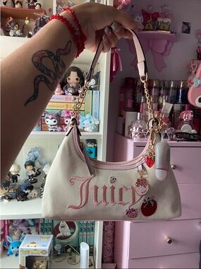 Juicy Couture Cream and Pink Embroidered Shoulder Bag with Charms